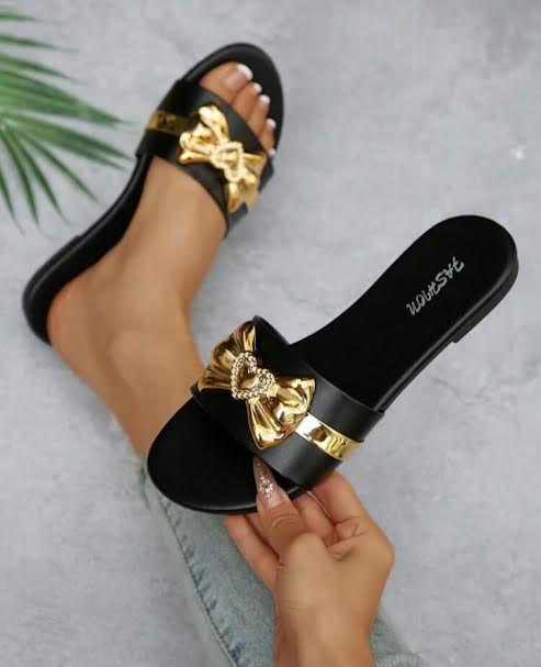 black and gold ribbon slipper