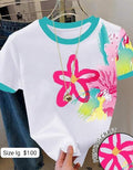 White Tee with Pink and Teal Design